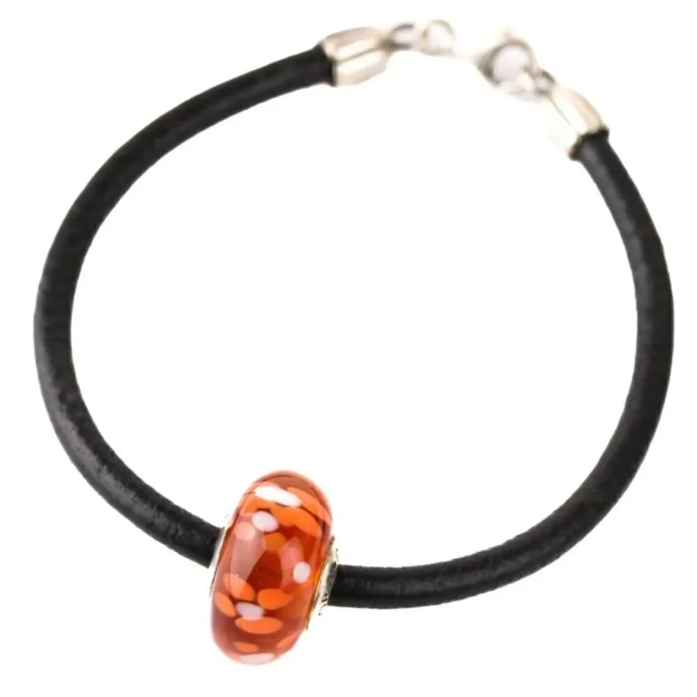 Pandora Orange Blossoms Glass Bead Leather Cord Bracelet!
